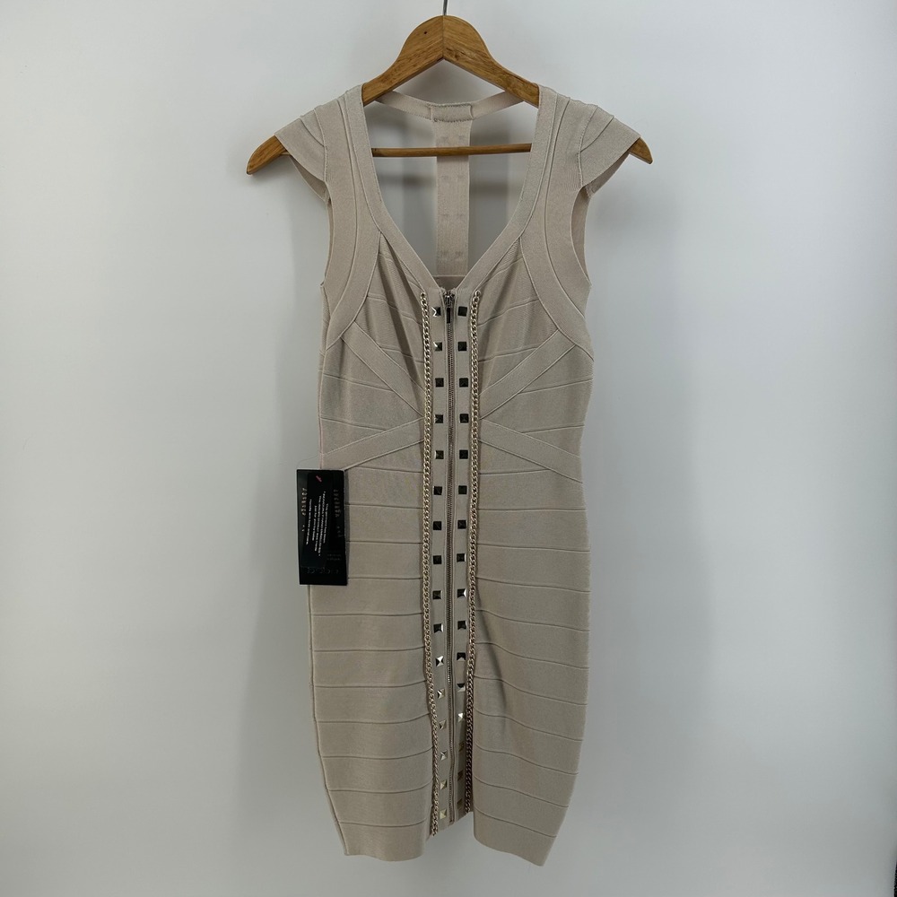 Bebe Studded Detail Bandage Dress Beige Gold Chain Zipper Bodycon Size Small NWT
